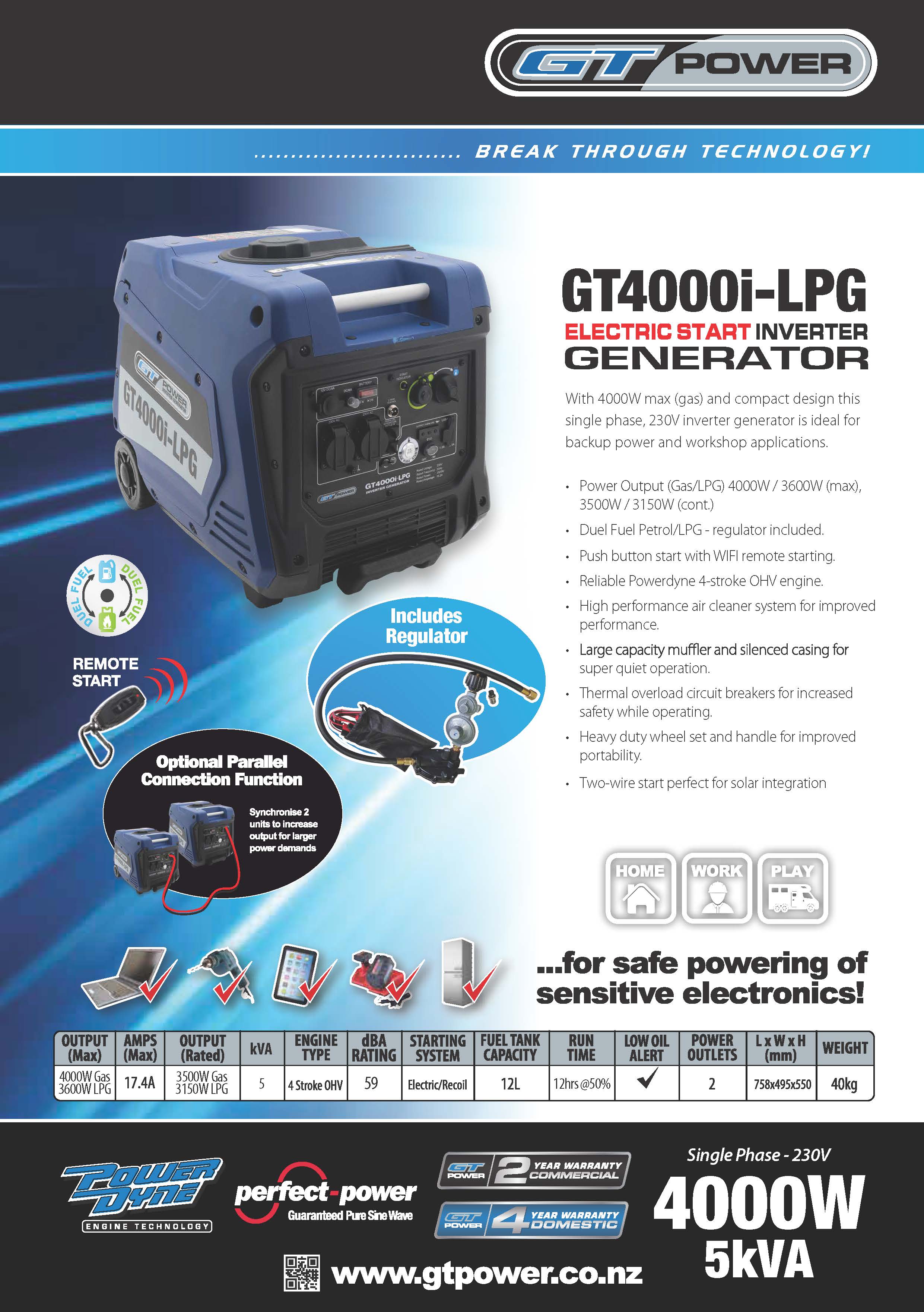 GT Power 4000W/5kVA Petrol/LPG Electric Start Silenced Inverter Generator