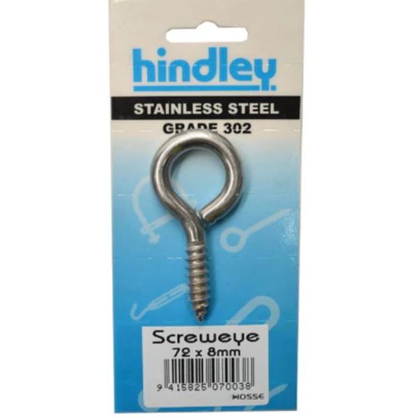 Hindley Screw Eye Stainless Steel 72mm x 8mm Carded