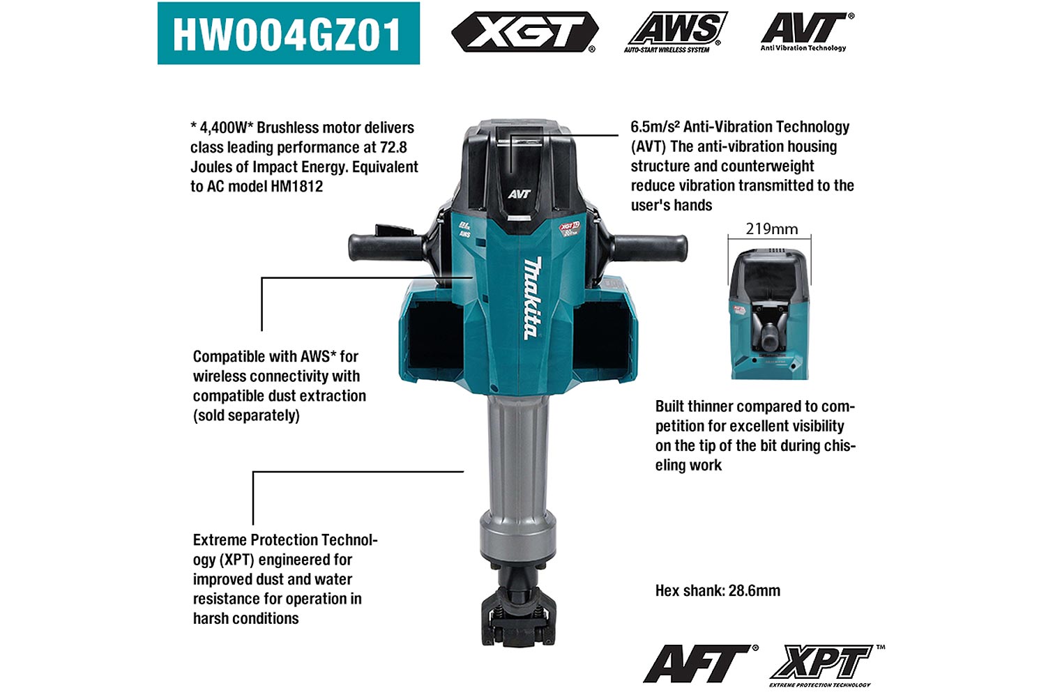 Makita 80Vmax (40Vx2) XGT Brushless Hex Demolition Breaker