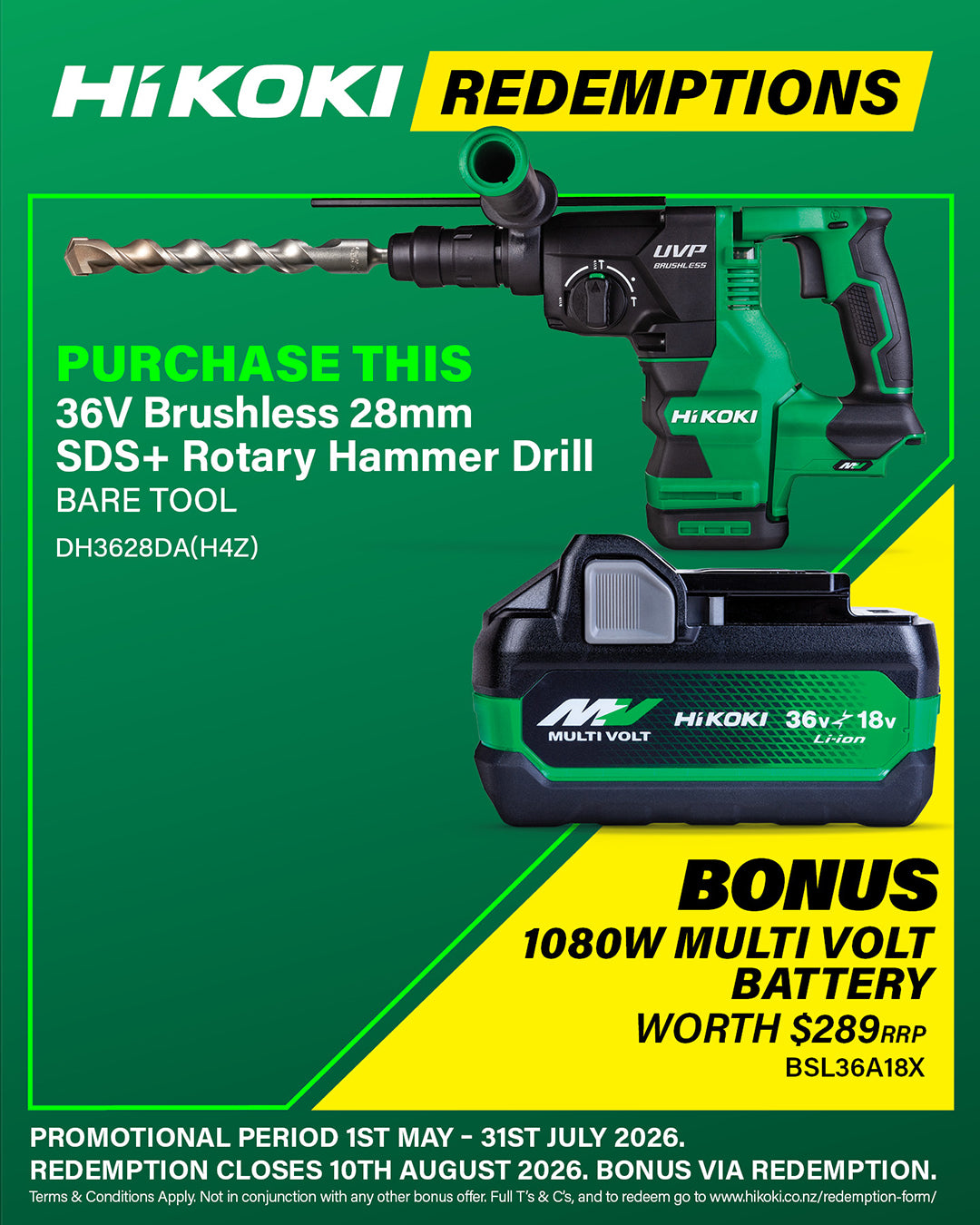 HIKOKI 36V 28MM SDS PLUS ROTARY HAMMER DRILL BARE TOOL