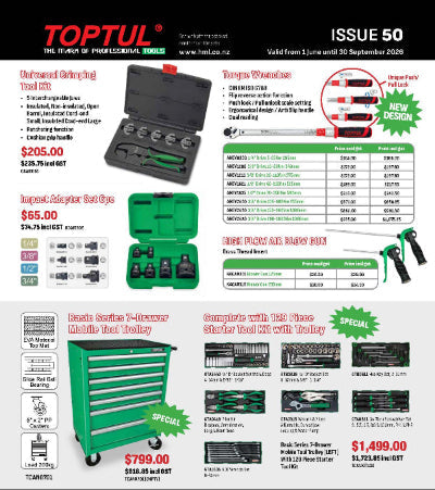 TOPTUL tool kit advertisement with various tools and pricing on a white background