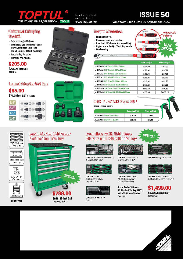 TOPTUL tool kit advertisement with various tools and pricing on a white background