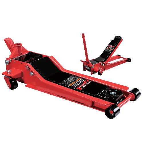 A red and black Powerbuilt floor jack with a foot pedal and handle, designed for lifting vehicles.
