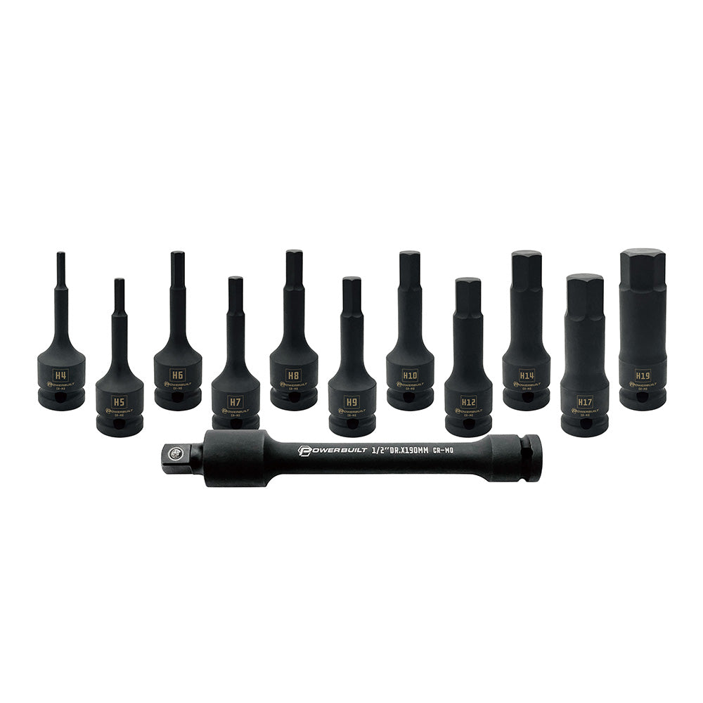 Powerbuilt 1/2 inch Dr 12Pc Impact Long Hex Bit Socket Set