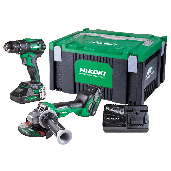 HiKOK KC182DEI 18V Brushless Impact Drill and Angle Grinder Combo Kit with batteries and charger, displayed alongside a green and black carrying case.