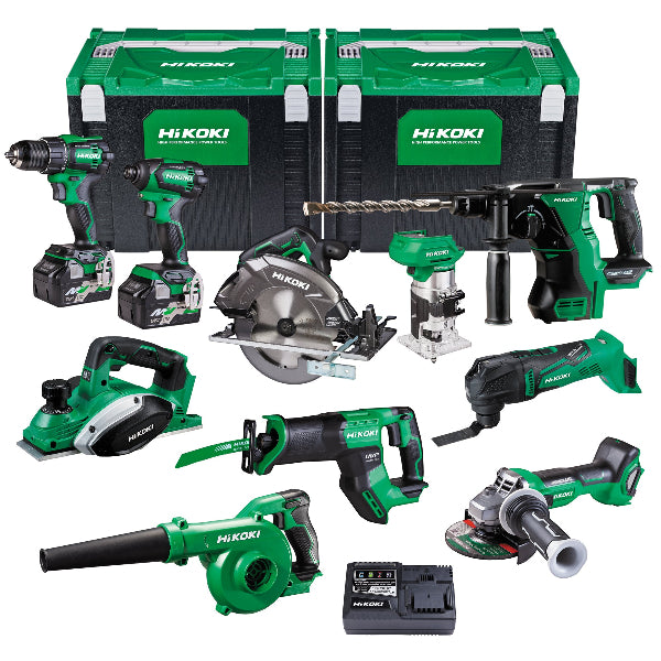A collection of HiKOKI power tools including a drill, impact driver, angle grinder, circular saw, sabre saw, multi tool, rotary hammer, trimmer, planer, and blower, all in green color, accompanied by two green carrying cases.