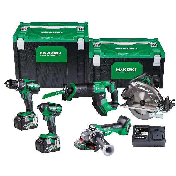HiKOKI KC18365DA 18V/36V 5 Tool Combo Kit including a brushless impact drill, impact driver, angle grinder, circular saw, and sabre saw, all in green color with the brand's logos and two black tool cases.