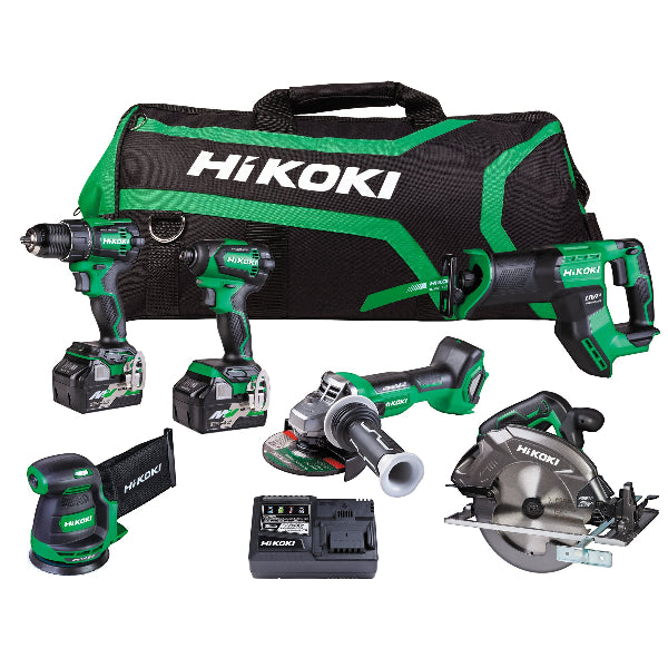 HiKOKI 6 tool combo kit including a brushless impact drill, a brushless impact driver, an angle grinder, a circular saw, a sabre saw, and a random orbital sander, all in green color with a black carrying bag.