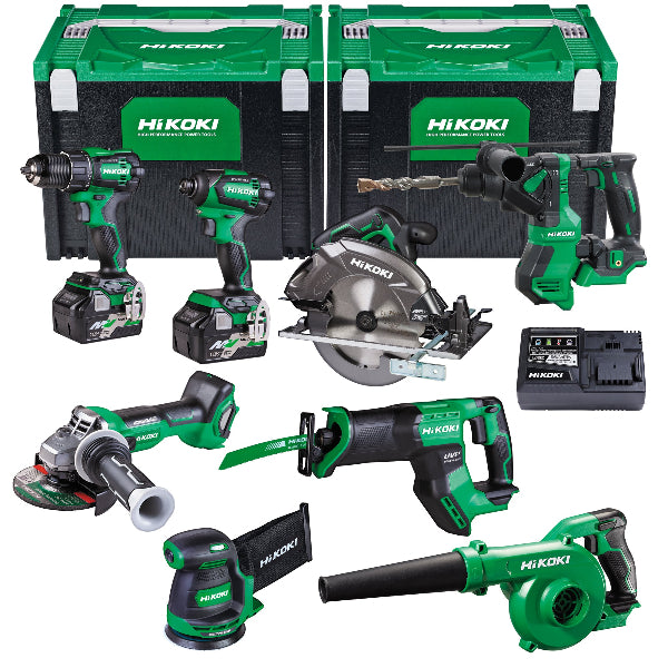 HiKOKI 18V/36V 8 Tool Combo Kit, including a brushless impact drill, impact driver, angle grinder, circular saw, sabre saw, random orbital sander, rotary hammer, and a blower, all displayed with two green batteries, a smart charger, and hard carrying cases.