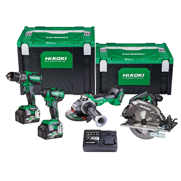 HiKOKI KC36184DA 36V/18V 4 Tool Combo Kit including a brushless impact drill, impact driver, angle grinder, and circular saw with batteries, charger, and carrying cases.