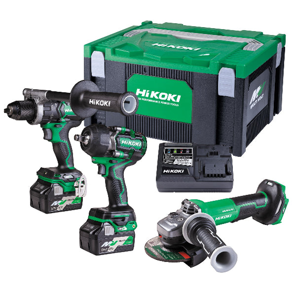 HiKOKI KC363DRBL 36V 3 tool combo kit including a brushless impact drill, impact wrench, and angle grinder, with a carrying case.