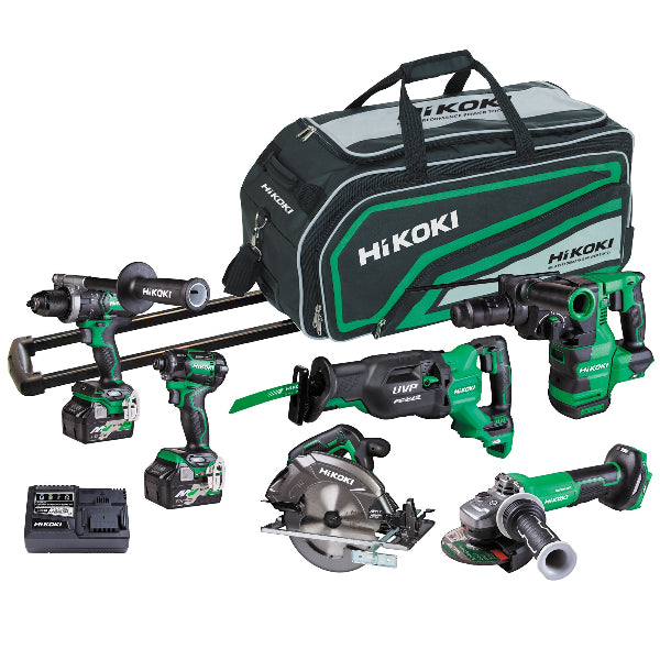 HiKOKI KC366DC 36V 6 Tool Combo Kit which includes a impact drill, impact driver, circular saw, angle grinder, sabre saw, and rotary hammer, all in green color with a large black and green tool bag.