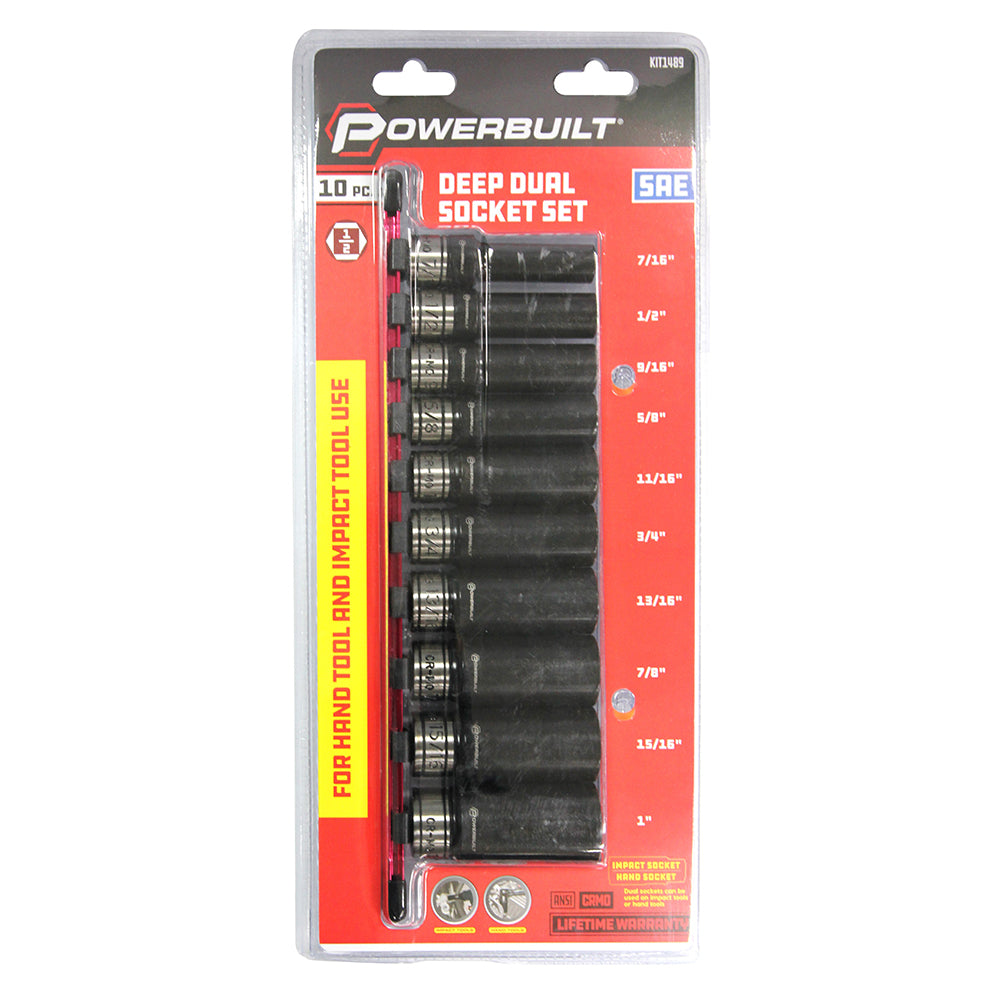 Powerbuilt 1/2 in Dr 10Pc Imperial Dual Deep Impact Socket Set