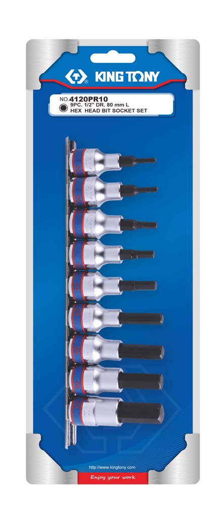 King Tony 9Pc 1/2 Dr Hex Bit Socket Set On Rail Long H3-H17