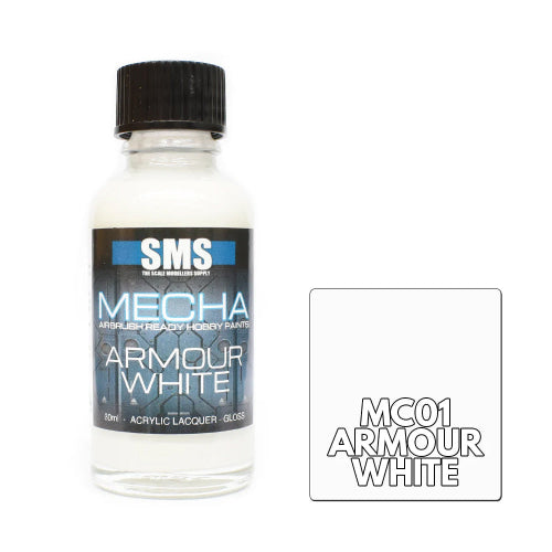 A bottle of SMS Mecha Armour White acrylic lacquer next to a white color swatch card labeled 'MC01 Armour White' on a plain white background.