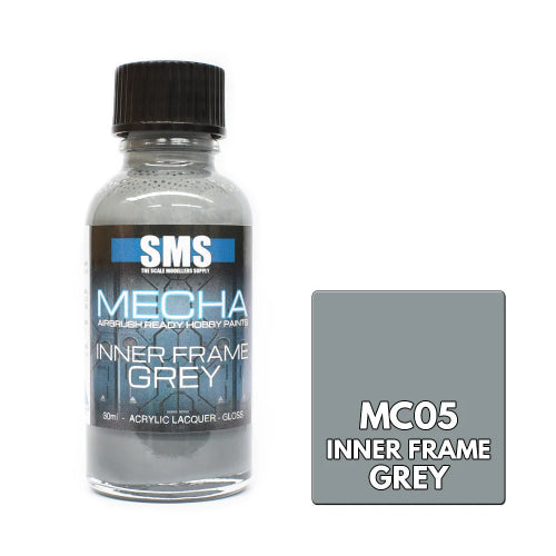 A bottle of SMS Mecha Inner Frame Grey acrylic lacquer next to a grey color swatch labeled MC05 Inner Frame Grey, on a plain white background.