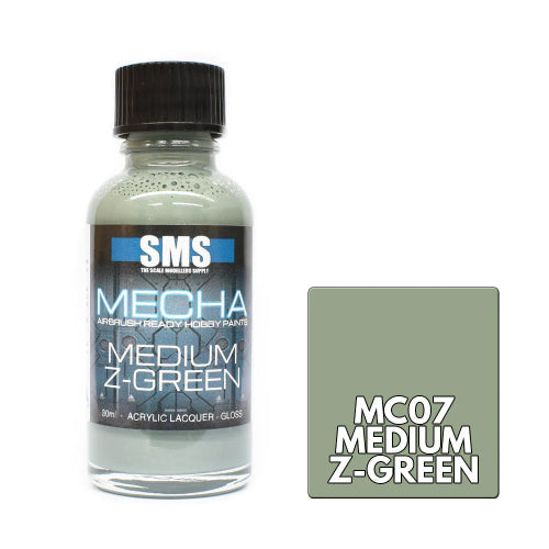A bottle of SMS Mecha Medium Z-Green acrylic lacquer next to a color swatch card showing the same medium z-green shade.
