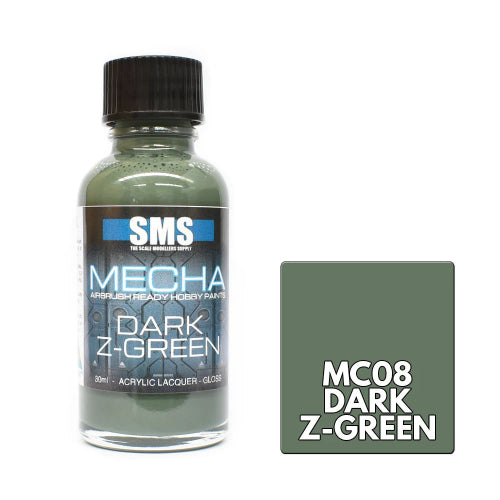 A bottle of SMS Mecha Heavy Hobby Paints in Dark Z-Green, shown next to a color swatch card labeled MC08 Dark Z-Green on a white background.