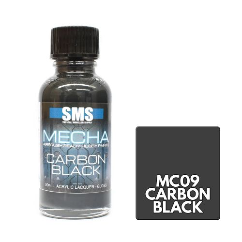 A bottle of SMS Mecha Acrylic Ready Condoy Paint in Carbon Black, shown next to a dark gray color swatch labeled MC09 Carbon Black on a white background.