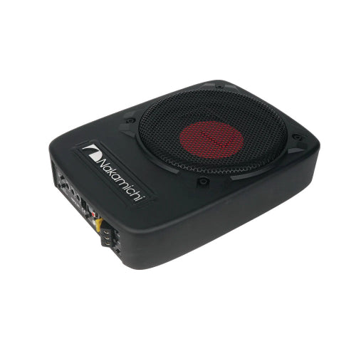 A black Nakarnichi car audio subwoofer speaker enclosure with a red center logo on the front grille, shown on a plain white background.