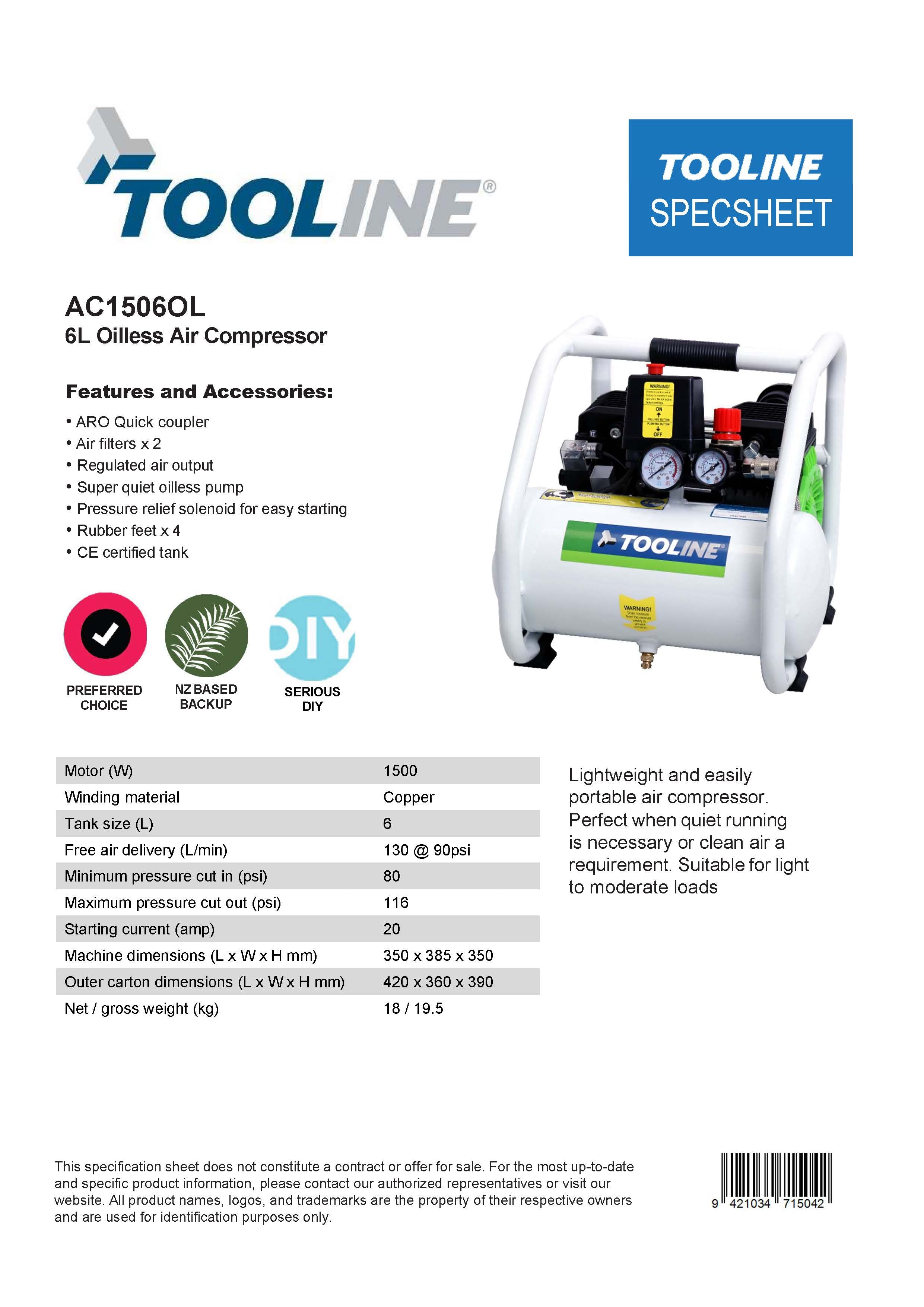 Tooline AC1506OL 6L Oilless Compressor
