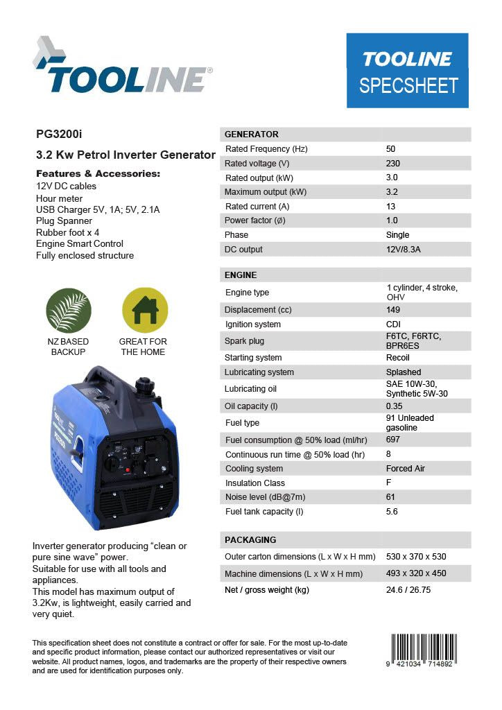 Tooline PG3200i 3.2KW Petrol Inverter Generator