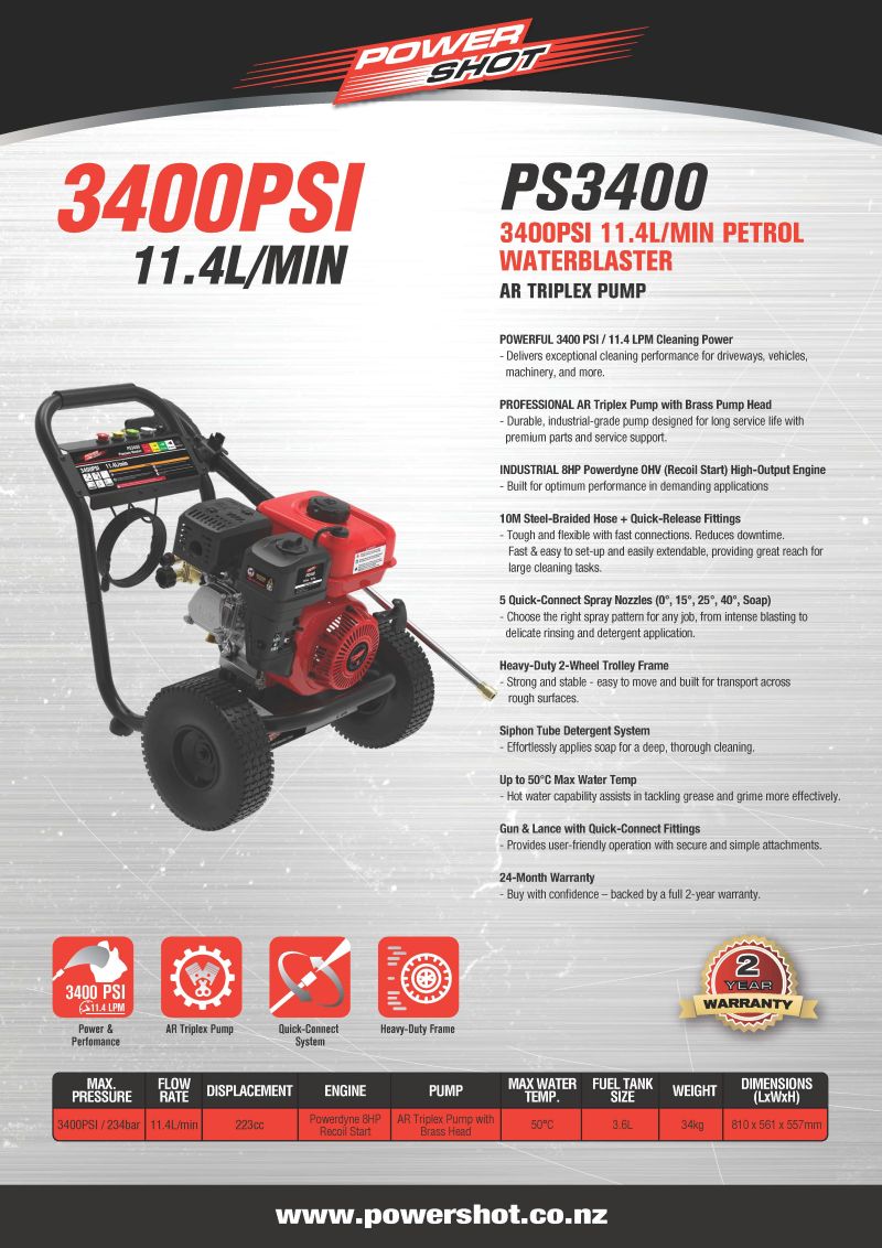 Powershot PS3400 Petrol Waterblaster 3400psi 11.4 L/min w/ AR Triplex Pump