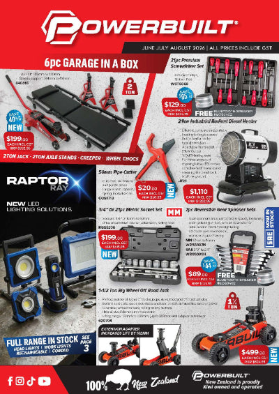 Powerbuilt promotional flyer with various tools and equipment on a red and black background