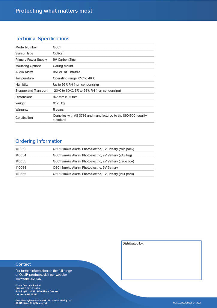 Quell Smoke Alarm - Photoelectric 501 with Hush Button