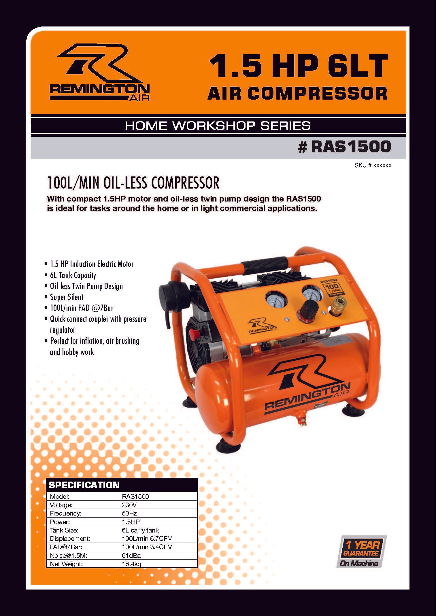 Remington Air Compressor 1.5Hp 6L, 6.7CFM, Silent Oil Less