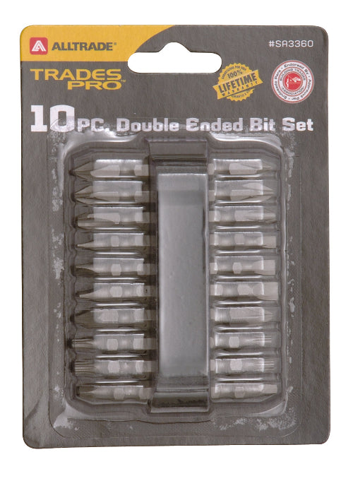 A packaged Trades Pro double-ended bit set by Alltrade, containing 10 pieces, with a gray and black color scheme.