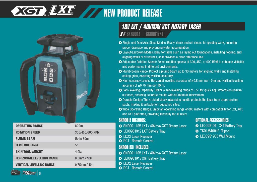 Makita 40Vmax XGT/18V LXT/12Vmax CXT Rotary Laser with LXT Battery Tray