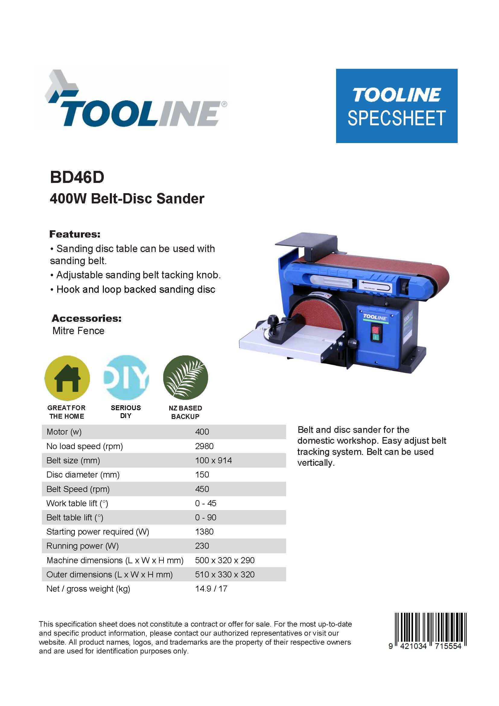 Tooline BD46D Belt Disc Sander