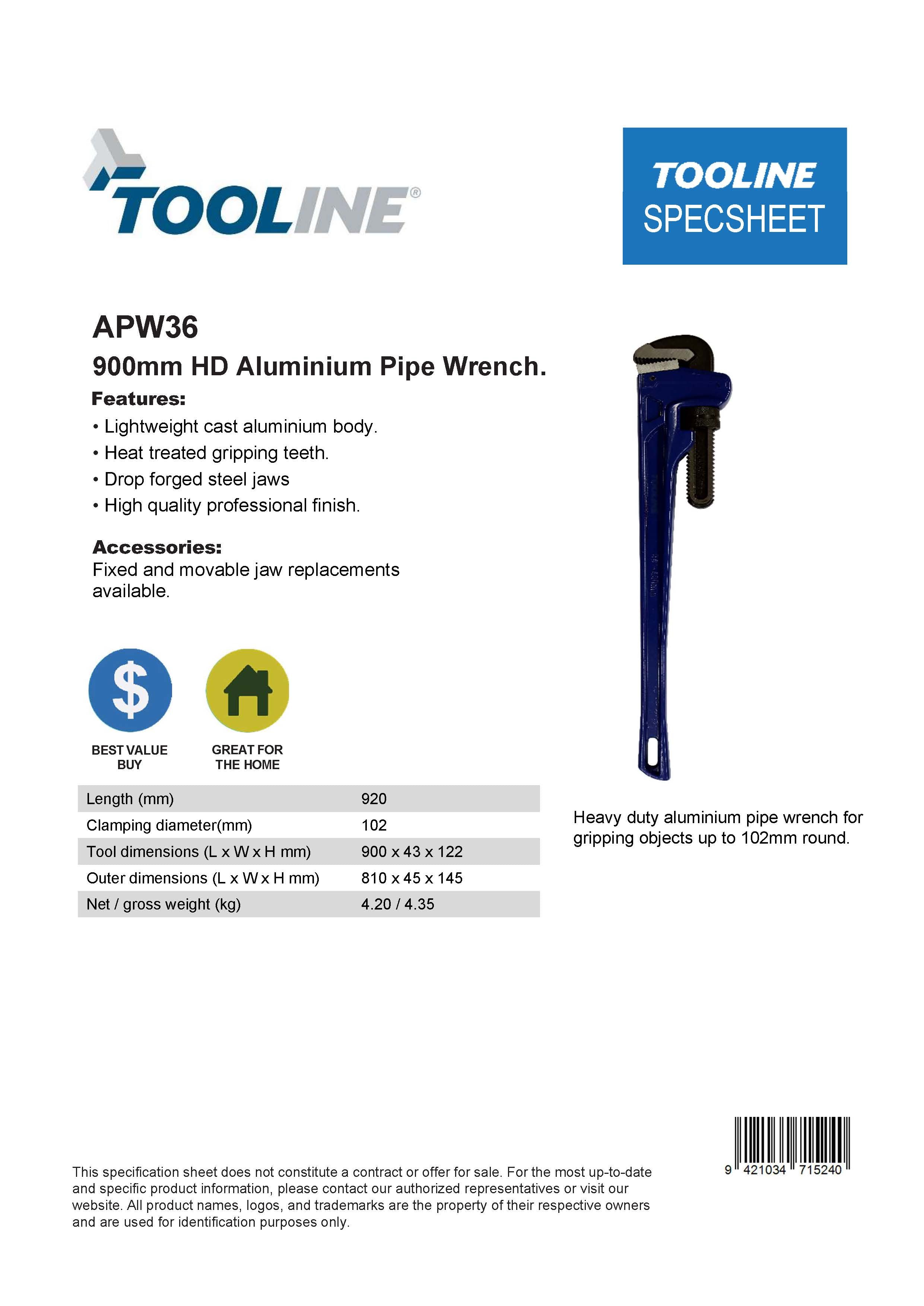 Tooline APW36 HD 36" Aluminum Pipe Wrench