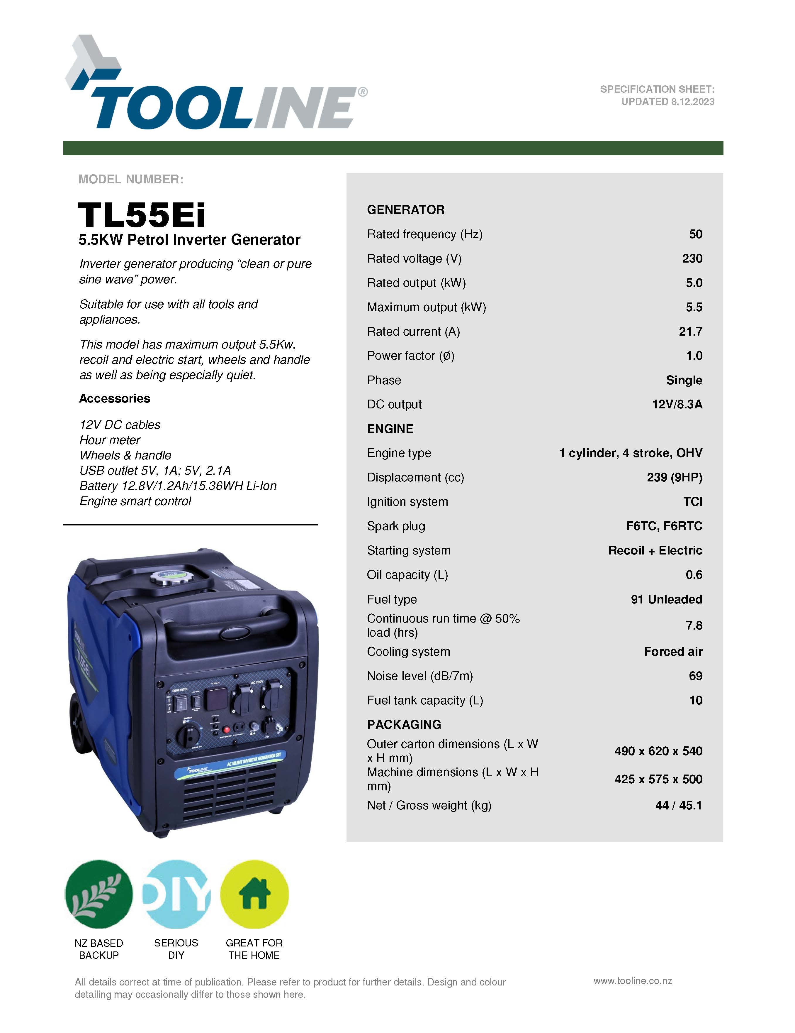 Tooline PG5501Ei 5.5KW Petrol Inverter Generator