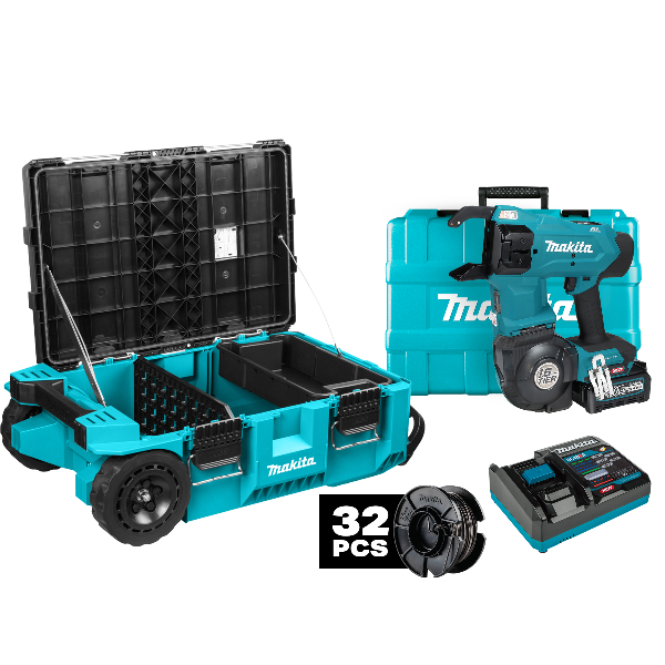 Makita TR001 tool set with toolbox, drill, and battery on a white background