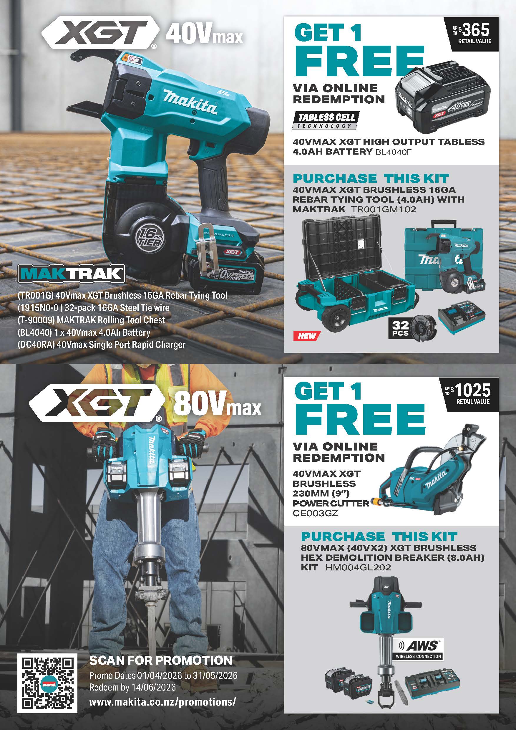 Makita 80Vmax (40Vx2) XGT Brushless Hex Demolition Breaker Kit