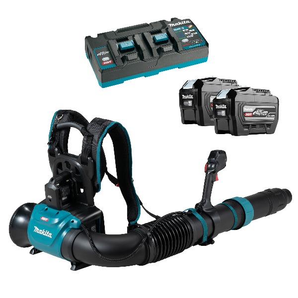 Makita UB004GZpower tool set with blower, battery, and charger on a white background