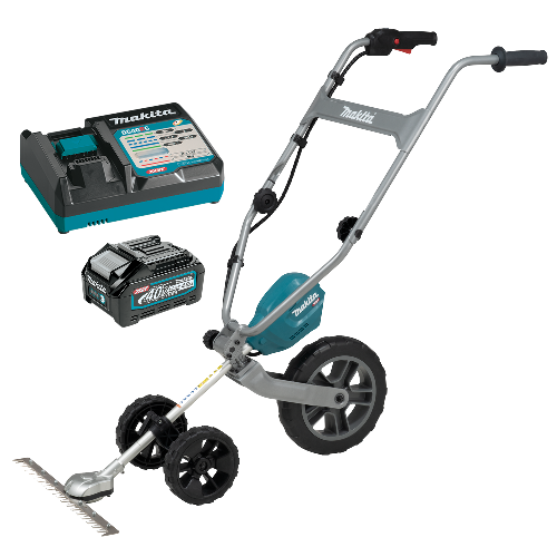 Makita lawn edger with battery and charger on a white background