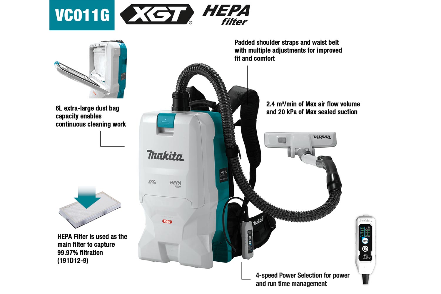 Makita VC011GZ01 40Vmax XGT Brushless Backpack Vacuum