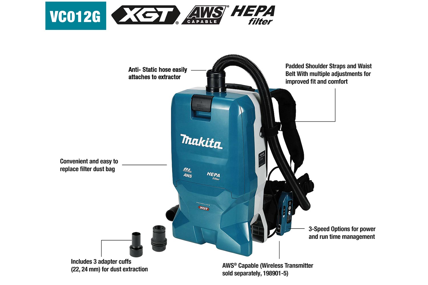 Makita 40Vmax XGT AWS Brushless Backpack Vacuum Tool only