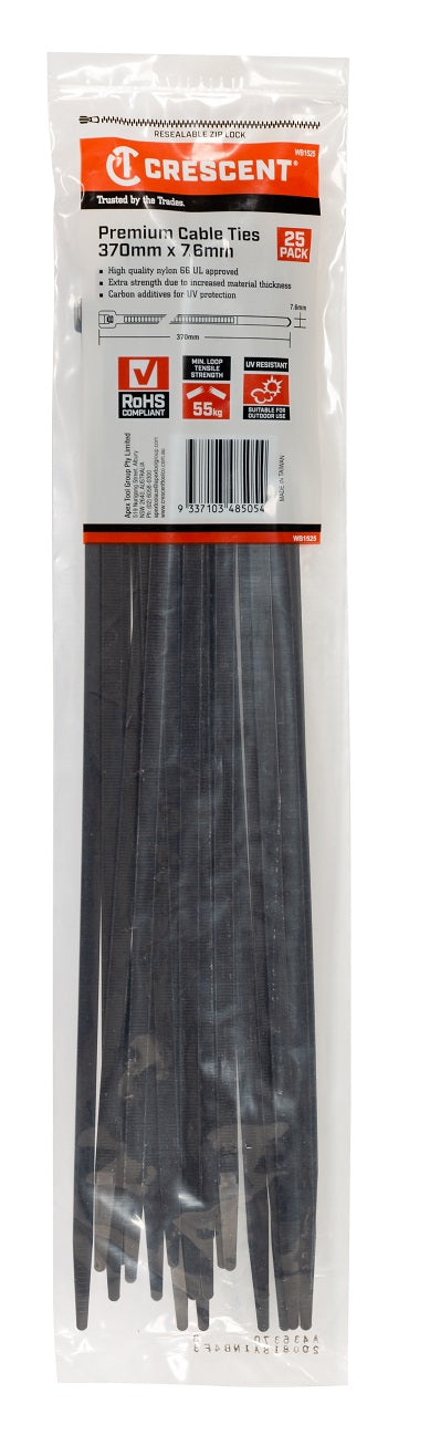Cable Tie Heavy Duty Black 370mm x 7.6mm 25Pk