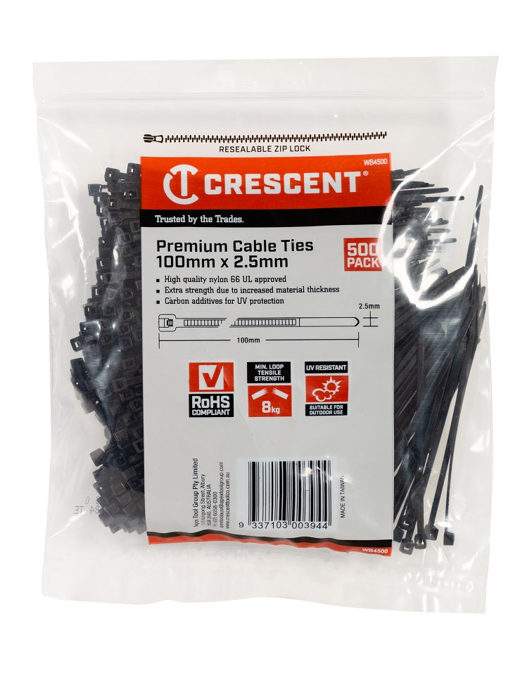 Crescent Cable Tie Nylon 100 X 2.5 Black Uv 500Pk