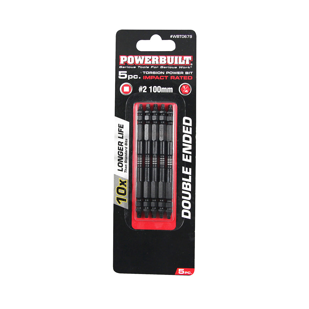 Powerbuilt 1/4 in Torsion Impact Power Bit - 5Pc Robertson #2 X 100mm Long Double Ended