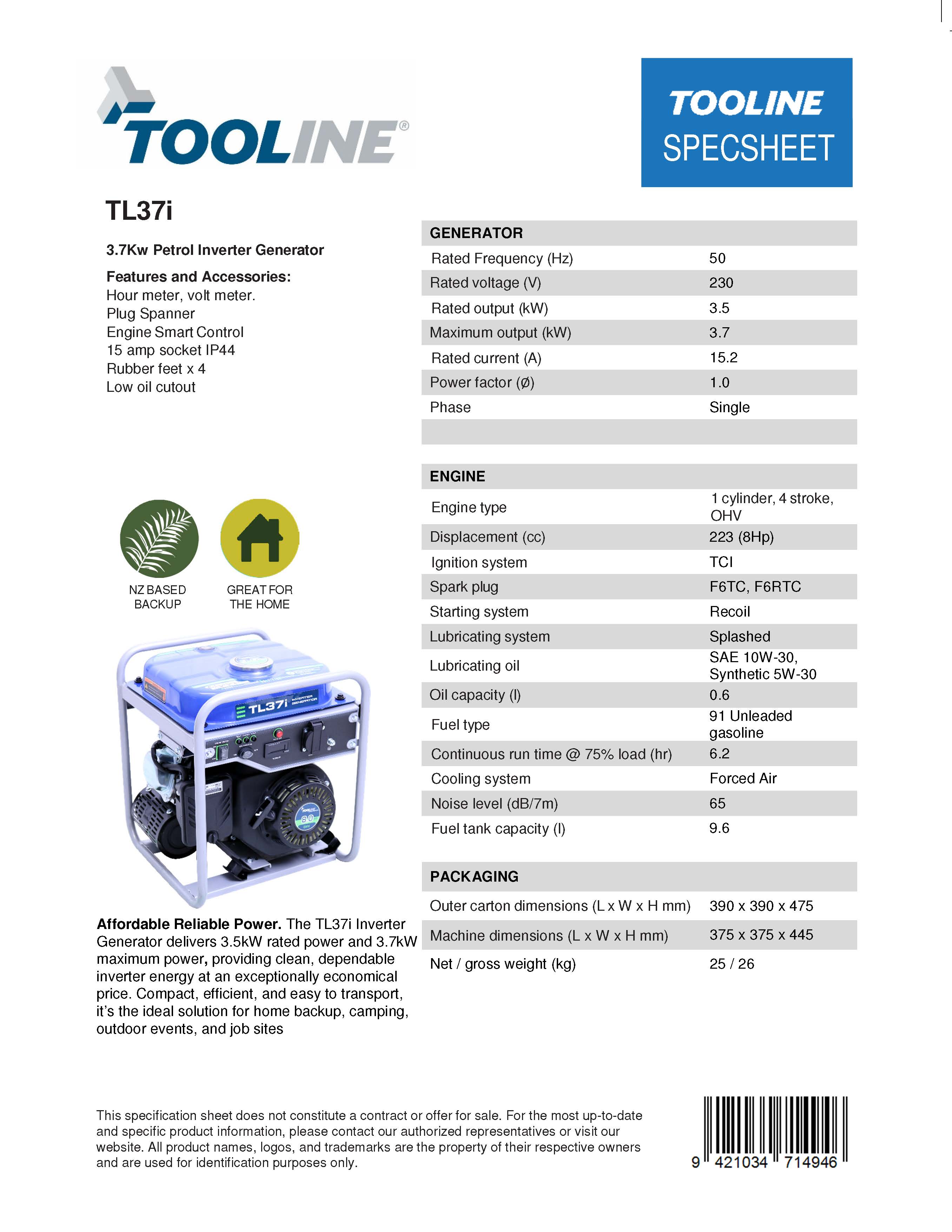 Tooline TL37i 3.7KW Petrol Inverter Generator