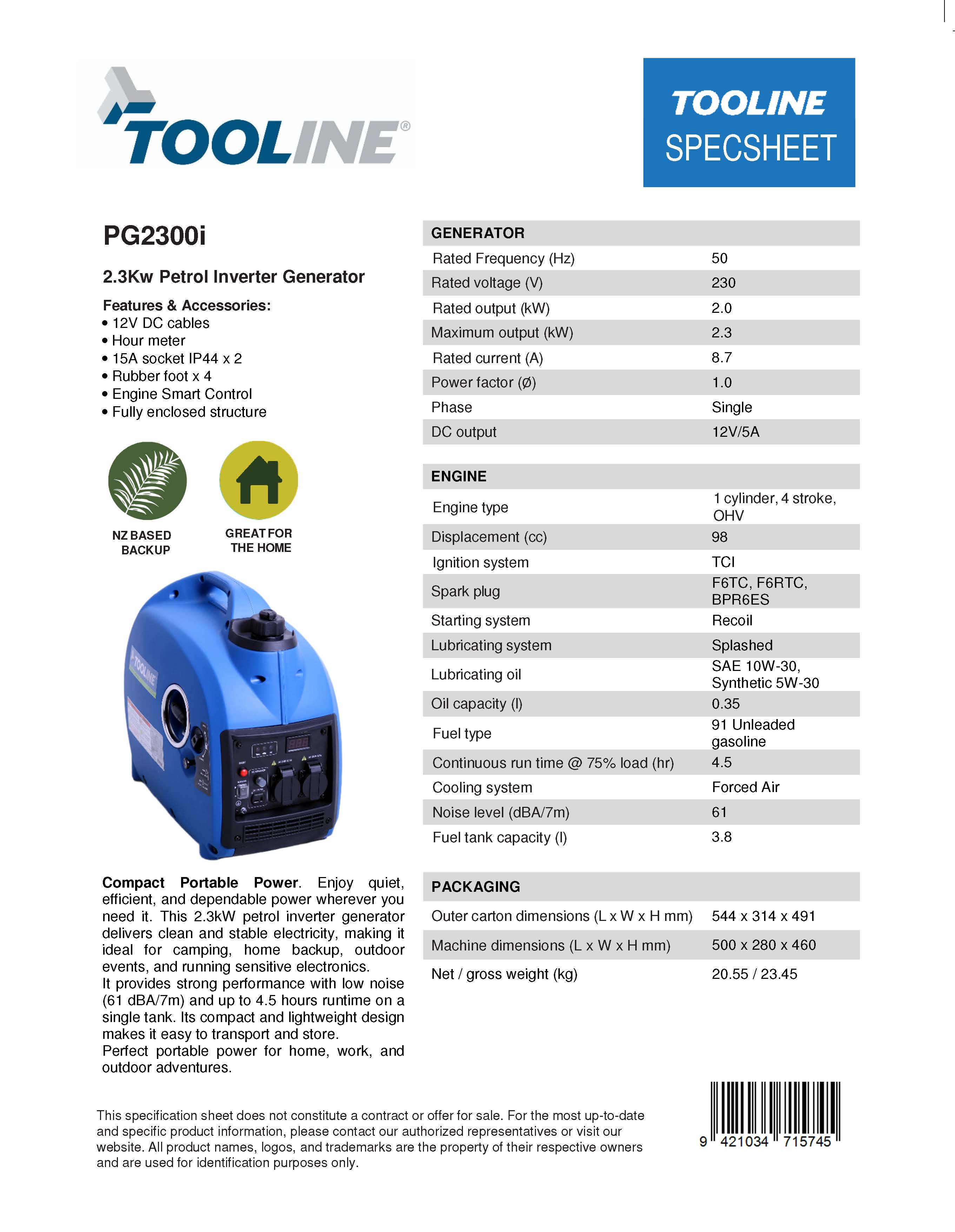 Tooline PG2300i 2.3kw  Petrol Inverter Generator