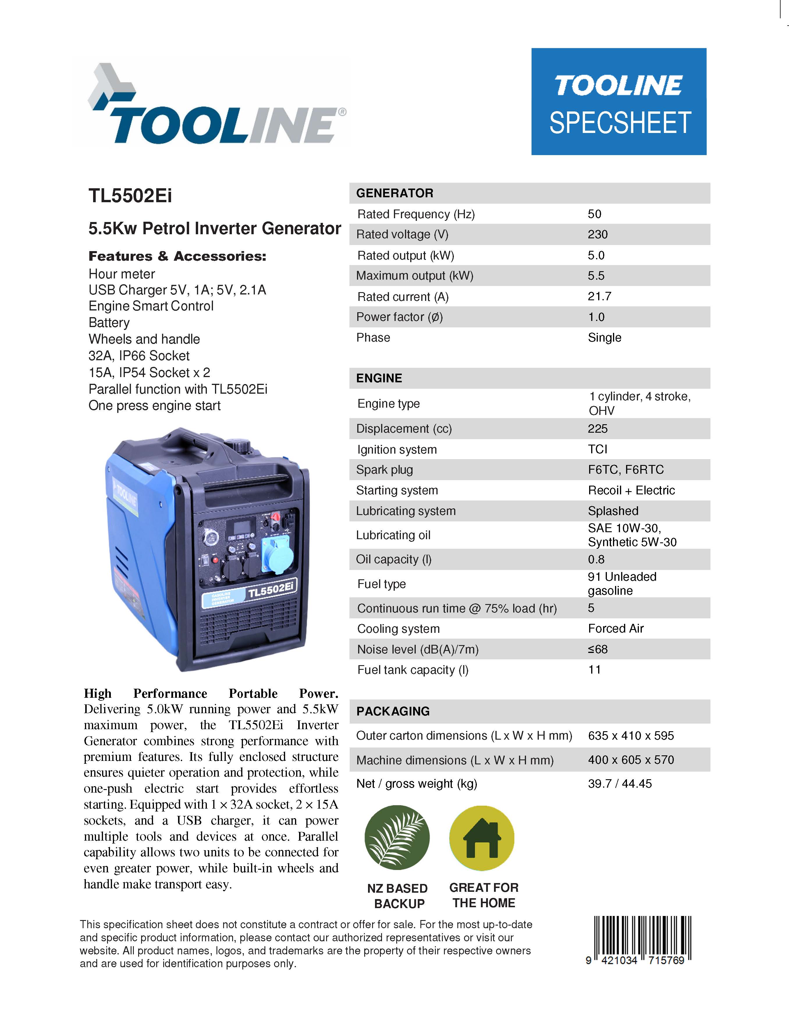 Tooline TL5502Ei 5.5Kw Petrol Inverter Generator