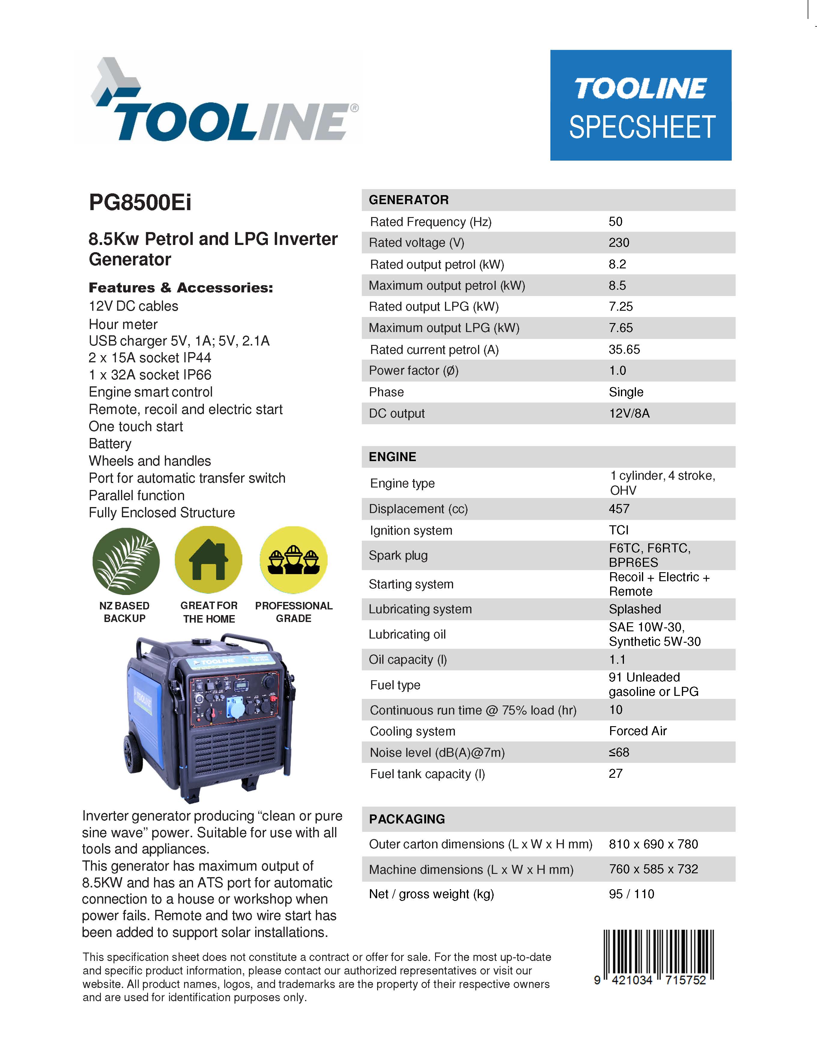 Tooline PG8500Ei 8.5kw Petrol Inverter Generator