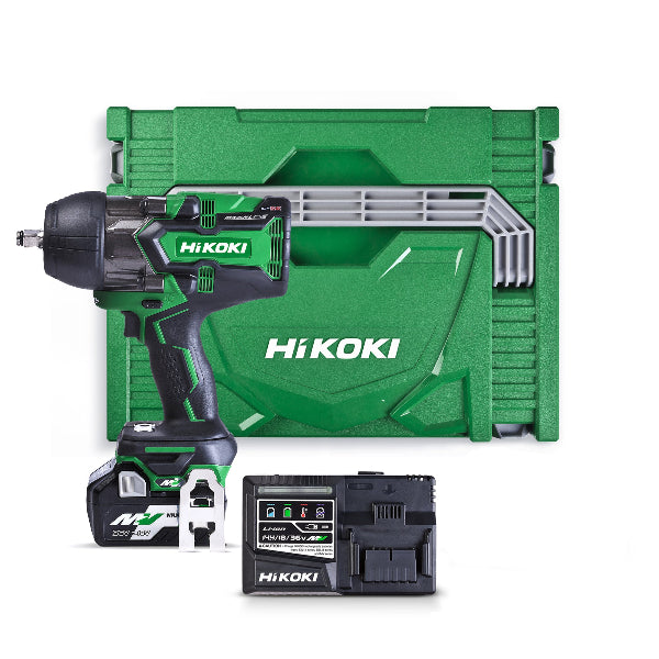 Hikoki WR36DBG impact wrench kit with a bright green and black color scheme, including a battery, charger, and a carrying case.