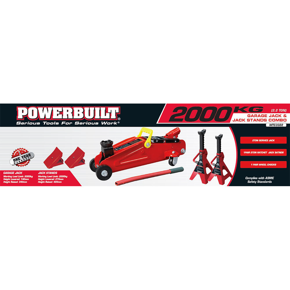 Powerbuilt 2.2Ton / 2000Kg Jack - Axle Stand & Wheel Chock Combo